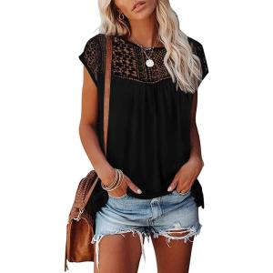 imageDisamer Womens Cap Sleeve Summer Tops Casual Crew Neck Lace Fashion Loose Fit Short Sleeve Shirts Tunic BlouseA Pure Black