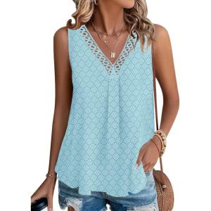 imageDisamer Womens Tank Tops 2025 Trendy Sleeveless Summer Dressy Casual Cute Loose Fit Lace V Neck TShirt Blouse TunicA Lace Blue