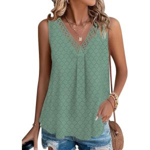 imageDisamer Womens Tank Tops 2025 Trendy Sleeveless Summer Dressy Casual Cute Loose Fit Lace V Neck TShirt Blouse TunicA Lace Green