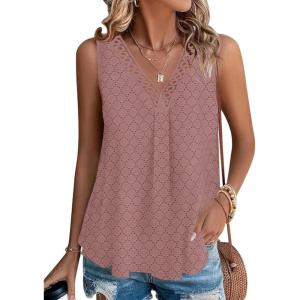 imageDisamer Womens Tank Tops 2025 Trendy Sleeveless Summer Dressy Casual Cute Loose Fit Lace V Neck TShirt Blouse TunicA Lace Pink