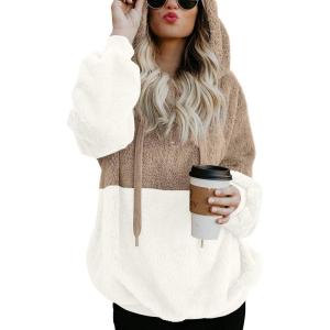 imageLONGYUAN Women Casual Hoodies Fashion Fuzzy Warm Pullover Sherpa Outerwear with Pockets01khaki Whitezs