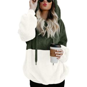 imageLONGYUAN Women Casual Hoodies Fashion Fuzzy Warm Pullover Sherpa Outerwear with PocketsArmy Green White