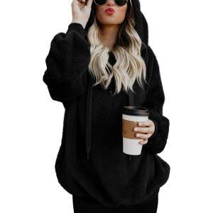 imageLONGYUAN Women Casual Hoodies Fashion Fuzzy Warm Pullover Sherpa Outerwear with PocketsBlack