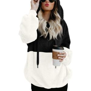 imageLONGYUAN Women Casual Hoodies Fashion Fuzzy Warm Pullover Sherpa Outerwear with PocketsBlack White