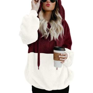 imageLONGYUAN Women Casual Hoodies Fashion Fuzzy Warm Pullover Sherpa Outerwear with PocketsBurgundy White