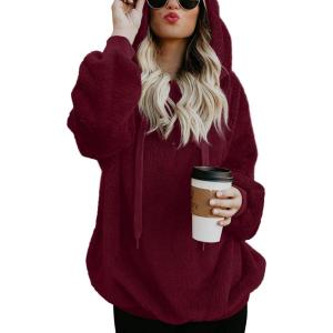 imageLONGYUAN Women Casual Hoodies Fashion Fuzzy Warm Pullover Sherpa Outerwear with PocketsBurgundy2