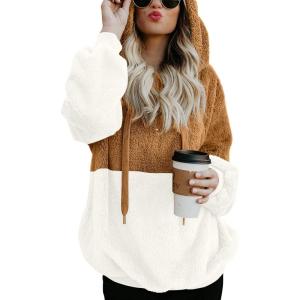 imageLONGYUAN Women Casual Hoodies Fashion Fuzzy Warm Pullover Sherpa Outerwear with PocketsCaramel White