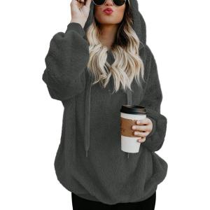 imageLONGYUAN Women Casual Hoodies Fashion Fuzzy Warm Pullover Sherpa Outerwear with PocketsDeep Grey