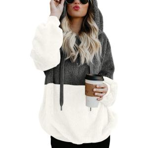 imageLONGYUAN Women Casual Hoodies Fashion Fuzzy Warm Pullover Sherpa Outerwear with PocketsDeep Grey White