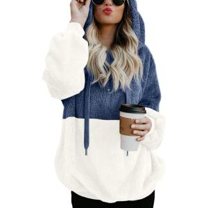 imageLONGYUAN Women Casual Hoodies Fashion Fuzzy Warm Pullover Sherpa Outerwear with PocketsLight Blue White