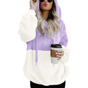 imageLONGYUAN Women Casual Hoodies Fashion Fuzzy Warm Pullover Sherpa Outerwear with PocketsLight Purple White