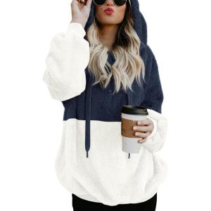 imageLONGYUAN Women Casual Hoodies Fashion Fuzzy Warm Pullover Sherpa Outerwear with PocketsNavy Blue White
