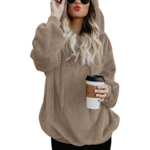 imageLONGYUAN Women Casual Hoodies Fashion Fuzzy Warm Pullover Sherpa Outerwear with PocketsRed Khaki