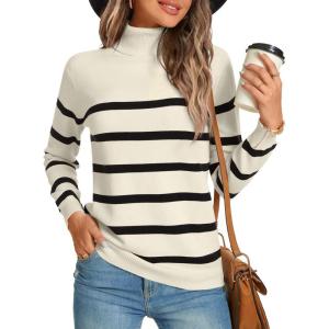 imageLONGYUAN Women Winter Turtle Necks Striped Knit Sweater Long Sleeve Pullover Casual Color Block Spring Tops 20252apricotblack