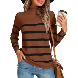 imageLONGYUAN Women Winter Turtle Necks Striped Knit Sweater Long Sleeve Pullover Casual Color Block Spring Tops 20252camelblack
