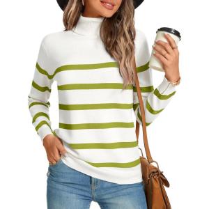 imageLONGYUAN Women Winter Turtle Necks Striped Knit Sweater Long Sleeve Pullover Casual Color Block Spring Tops 20252greenbeige