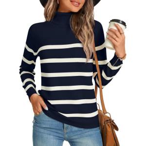 imageLONGYUAN Women Winter Turtle Necks Striped Knit Sweater Long Sleeve Pullover Casual Color Block Spring Tops 20252navy Bluebeige