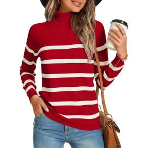 imageLONGYUAN Women Winter Turtle Necks Striped Knit Sweater Long Sleeve Pullover Casual Color Block Spring Tops 20252redbeige