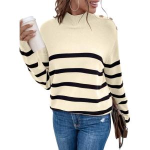 imageLONGYUAN Women Winter Turtle Necks Striped Knit Sweater Long Sleeve Pullover Casual Color Block Spring Tops 2025Bapricot