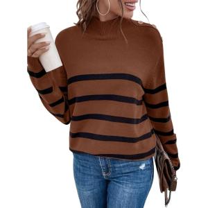 imageLONGYUAN Women Winter Turtle Necks Striped Knit Sweater Long Sleeve Pullover Casual Color Block Spring Tops 2025Bcamel