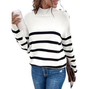 imageLONGYUAN Women Winter Turtle Necks Striped Knit Sweater Long Sleeve Pullover Casual Color Block Spring Tops 2025Bwhite