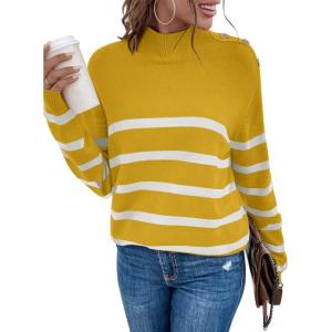 imageLONGYUAN Women Winter Turtle Necks Striped Knit Sweater Long Sleeve Pullover Casual Color Block Spring Tops 2025Mustard