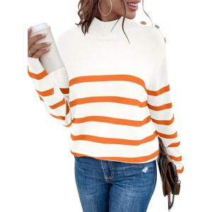 imageLONGYUAN Women Winter Turtle Necks Striped Knit Sweater Long Sleeve Pullover Casual Color Block Spring Tops 2025Orange Red