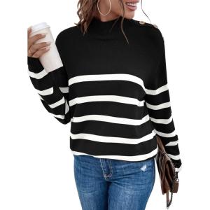 imageLONGYUAN Women Winter Turtle Necks Striped Knit Sweater Long Sleeve Pullover Casual Color Block Spring Tops 2025Wblack