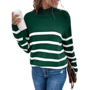 imageLONGYUAN Women Winter Turtle Necks Striped Knit Sweater Long Sleeve Pullover Casual Color Block Spring Tops 2025Wdark Green