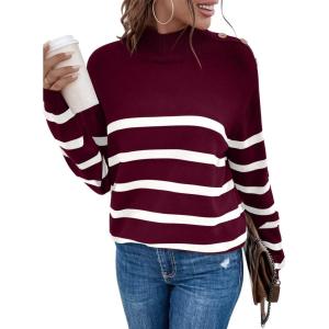 imageLONGYUAN Women Winter Turtle Necks Striped Knit Sweater Long Sleeve Pullover Casual Color Block Spring Tops 2025Wdeep Red