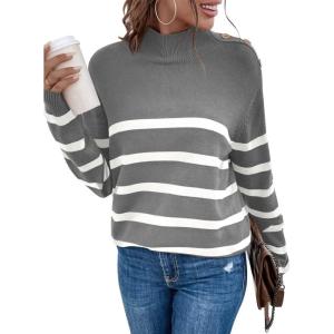 imageLONGYUAN Women Winter Turtle Necks Striped Knit Sweater Long Sleeve Pullover Casual Color Block Spring Tops 2025Wgrey