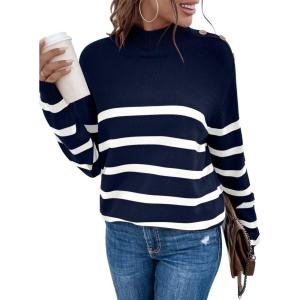imageLONGYUAN Women Winter Turtle Necks Striped Knit Sweater Long Sleeve Pullover Casual Color Block Spring Tops 2025Wnavy Blue