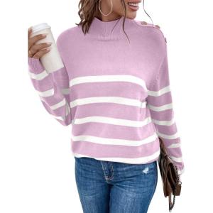 imageLONGYUAN Women Winter Turtle Necks Striped Knit Sweater Long Sleeve Pullover Casual Color Block Spring Tops 2025Wpurple