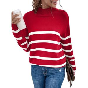 imageLONGYUAN Women Winter Turtle Necks Striped Knit Sweater Long Sleeve Pullover Casual Color Block Spring Tops 2025Wred