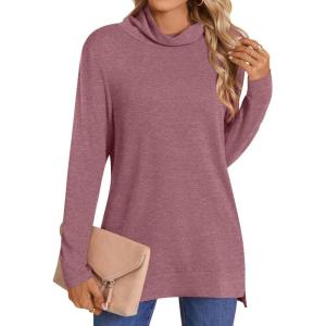 imageLONGYUAN Womens Tunic Tops Long Sleeve Shirts Turtleneck 2025 Trendy Lightweight SweatersAbrown Red