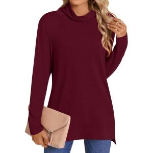 imageLONGYUAN Womens Tunic Tops Long Sleeve Shirts Turtleneck 2025 Trendy Lightweight SweatersAburgundy