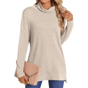 imageLONGYUAN Womens Tunic Tops Long Sleeve Shirts Turtleneck 2025 Trendy Lightweight SweatersBeige