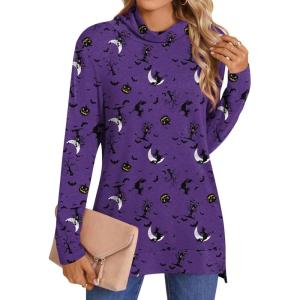 imageLONGYUAN Womens Tunic Tops Long Sleeve Shirts Turtleneck 2025 Trendy Lightweight SweatersDark Night Bat Purple