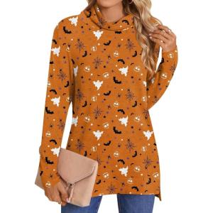 imageLONGYUAN Womens Tunic Tops Long Sleeve Shirts Turtleneck 2025 Trendy Lightweight SweatersTricky Ghost Orange