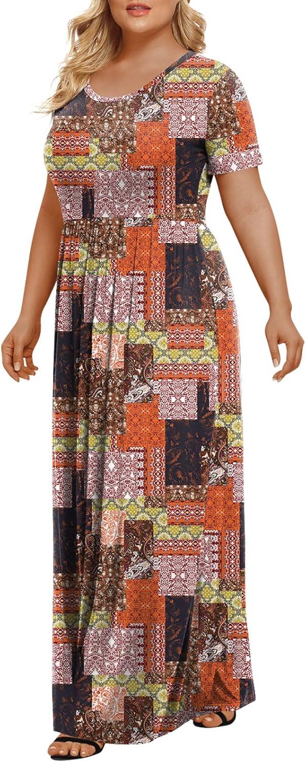 imageLONGYUAN Womens Plus Size Maxi Dresses for Curvy Women Summer Short Sleeve Casual 2025 Long Dress XL6XLColor Block Mixing