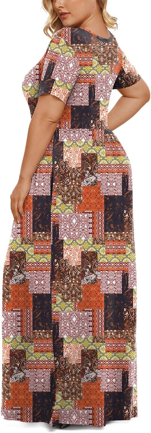 imageLONGYUAN Womens Plus Size Maxi Dresses for Curvy Women Summer Short Sleeve Casual 2025 Long Dress XL6XLColor Block Mixing