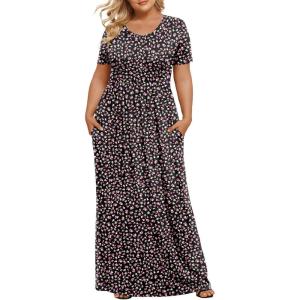 imageLONGYUAN Womens Plus Size Maxi Dresses for Curvy Women Summer Short Sleeve Casual 2025 Long Dress XL6XLBlack Litte Fl
