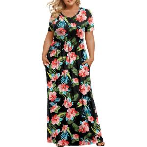 imageLONGYUAN Womens Plus Size Maxi Dresses for Curvy Women Summer Short Sleeve Casual 2025 Long Dress XL6XLBlackhibiscus