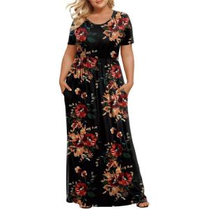 imageLONGYUAN Womens Plus Size Maxi Dresses for Curvy Women Summer Short Sleeve Casual 2025 Long Dress XL6XLBrown Floral Black