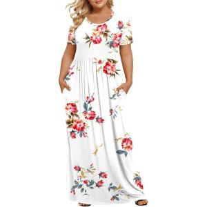 imageLONGYUAN Womens Plus Size Maxi Dresses for Curvy Women Summer Short Sleeve Casual 2025 Long Dress XL6XLFloral White