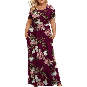 imageLONGYUAN Womens Plus Size Maxi Dresses for Curvy Women Summer Short Sleeve Casual 2025 Long Dress XL6XLFloral Wine Red