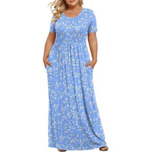 imageLONGYUAN Womens Plus Size Maxi Dresses for Curvy Women Summer Short Sleeve Casual 2025 Long Dress XL6XLLight Blue Whiteflower