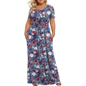 imageLONGYUAN Womens Plus Size Maxi Dresses for Curvy Women Summer Short Sleeve Casual 2025 Long Dress XL6XLMixed Blue Redflower