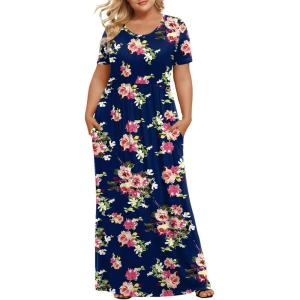 imageLONGYUAN Womens Plus Size Maxi Dresses for Curvy Women Summer Short Sleeve Casual 2025 Long Dress XL6XLNavy Blue Flower