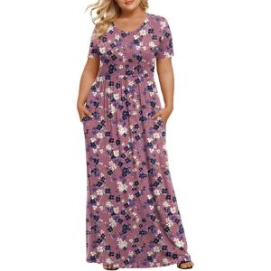 imageLONGYUAN Womens Plus Size Maxi Dresses for Curvy Women Summer Short Sleeve Casual 2025 Long Dress XL6XLRedpurple Flower